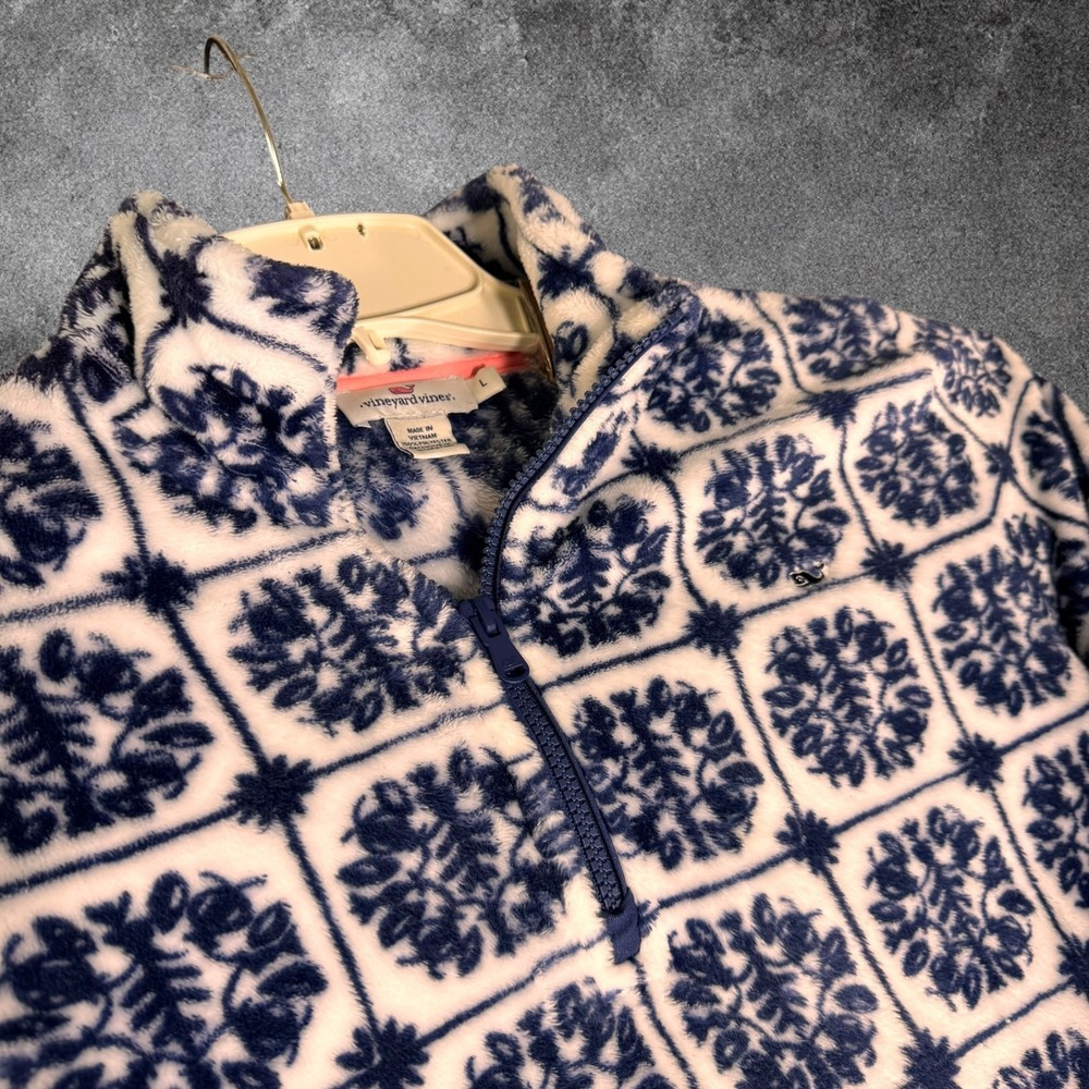 Vineyard Vines Womens Large Sherpa Fleece Pullover Blue White Floral Quarter Zip